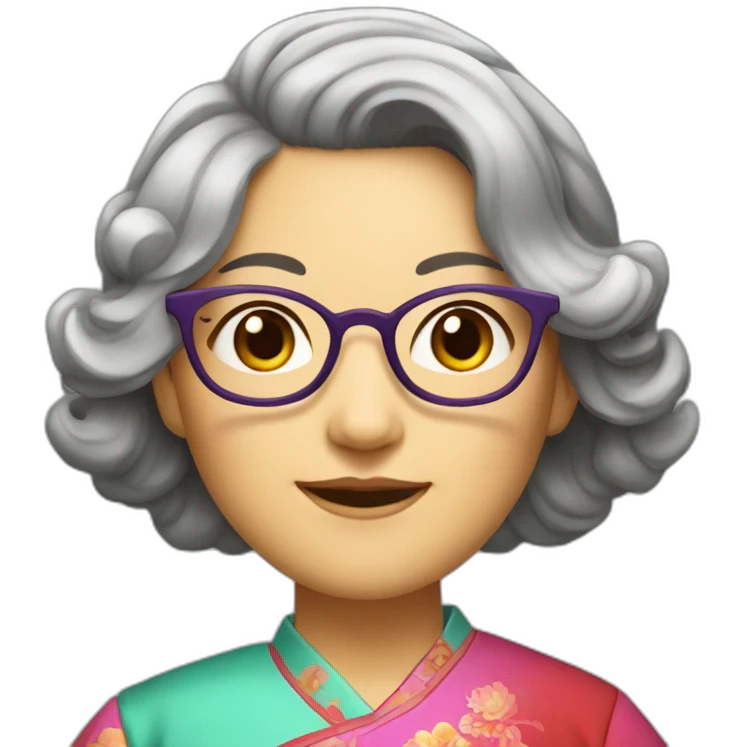 Chinese lady with like Lai gray hair wavy hair to the shoulder length where Chinese dress colourful dress wear glasses emoji