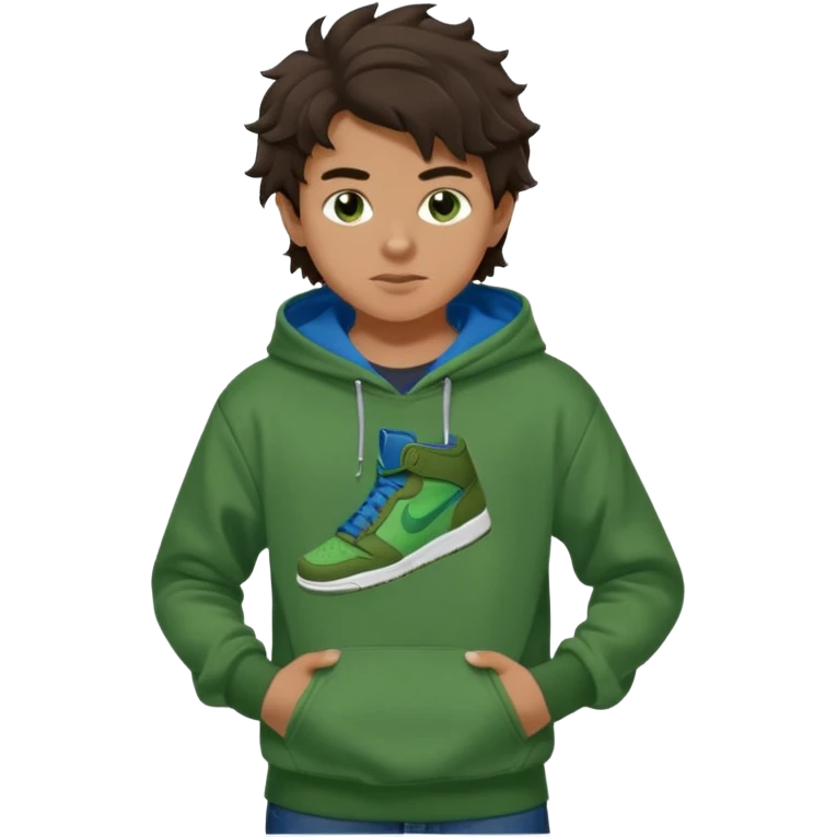 a 14 year old slightly tanned teenage boy with dark brown tousled wavy hair, dark brown eyes wearing a green tshirt, a dark green hoodie, blue jeans and green nike air jordans emoji
