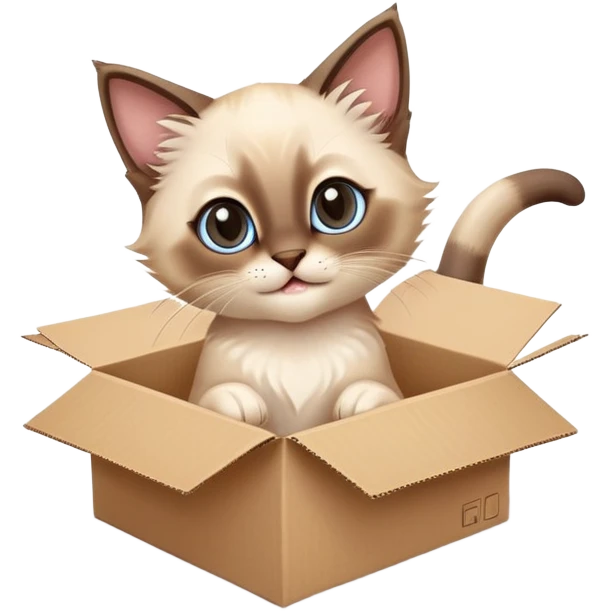  A very cute gery young happy kitten long hair Siamese Cat cat with one's head tilted to one side poked its paws out of the cardboard big box and placed them on top of it emoji