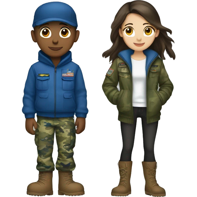 A boy wearing military uniform blue camouflage with his girlfriend that is brunette and wears a hoodie and uggs emoji