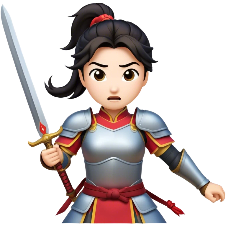 Cinematic Funny Mulan Portrait Emoji, Wearing her training armor too big, looking surprised as a sword nearly topples her over, a mix of warrior determination and hilarious inexperience, a comical yet endearing moment in her transformation! emoji