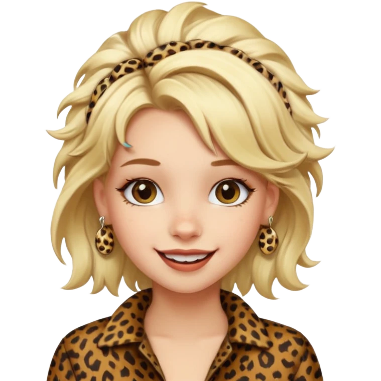 Une fille blonde et joyeuse. Elle porte une coiffure rock et originale avec des barrettes léopard et motif peau de vache. emoji