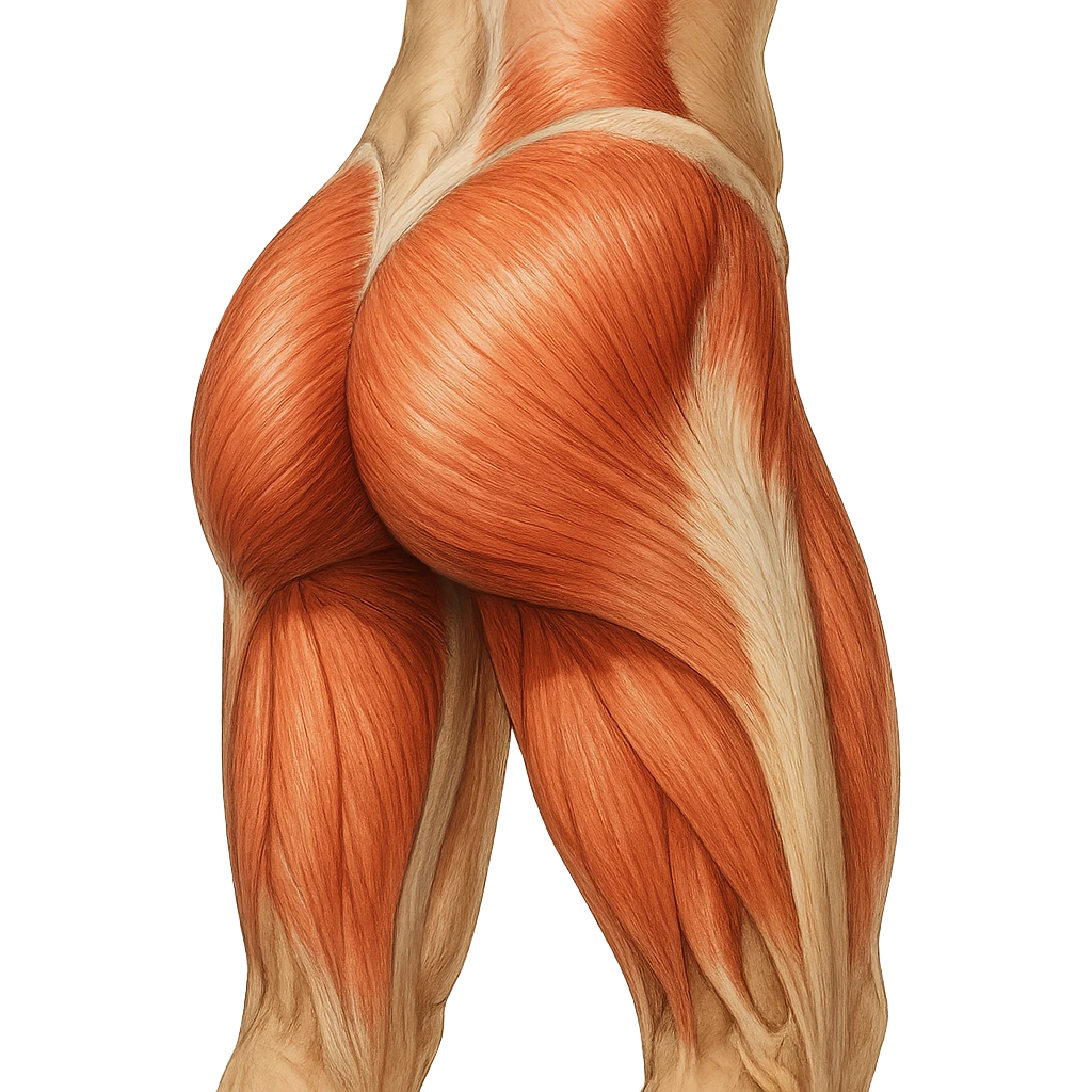 detailed anatomical illustration of the human gluteal muscles, slightly angled view, realistic colors, educational style, no text emoji