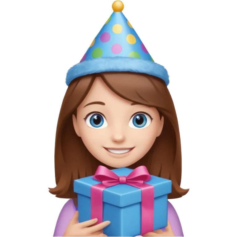 smiling girl with brown hair and blue eyes, holding a present and wearing a birthday hat emoji