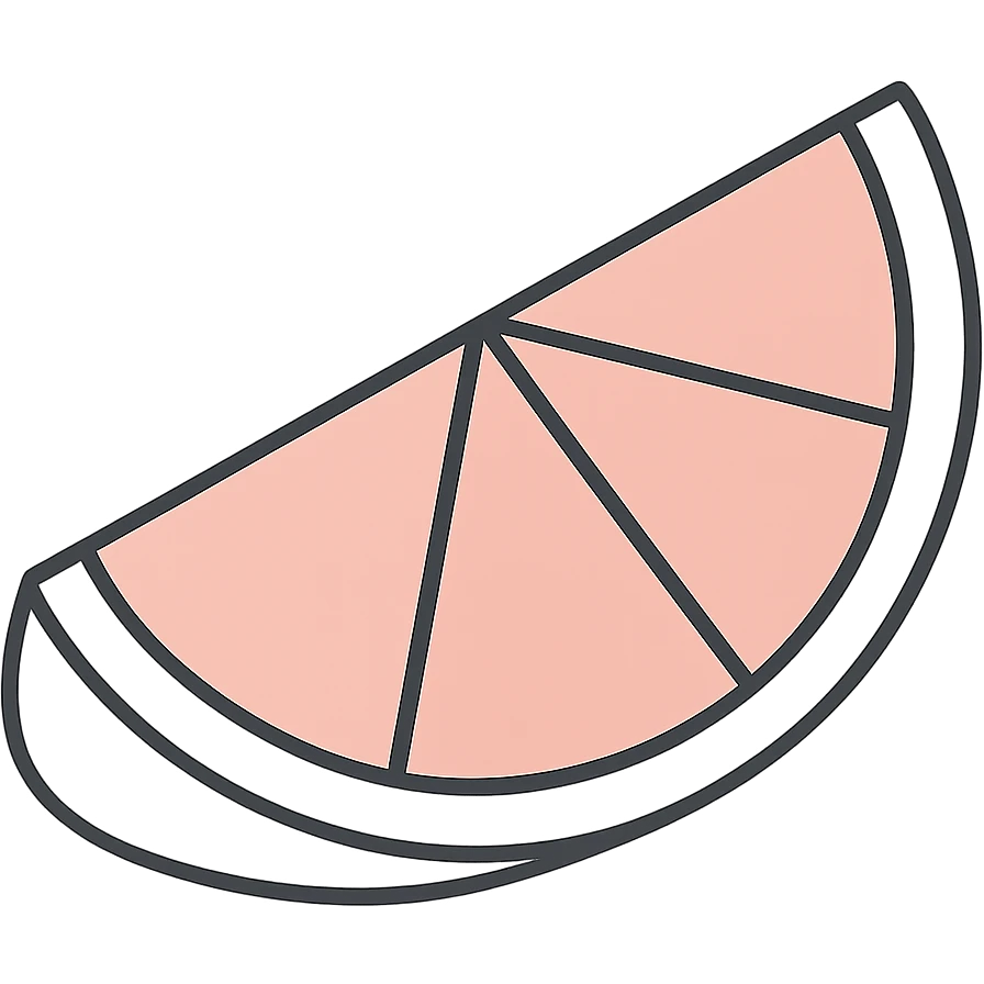 Flat icon of a pink grapefruit wedge, using a vibrant palette of orange, white, and pink, minimal and clean design, no background. emoji