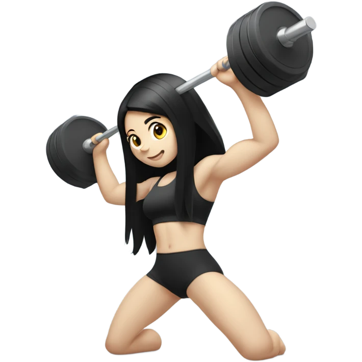 Pale girl with long black hair lifting weights emoji