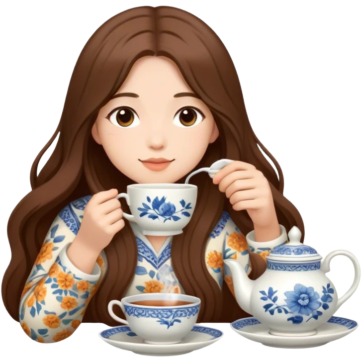 girl with brown hair and light skin taking a te emoji