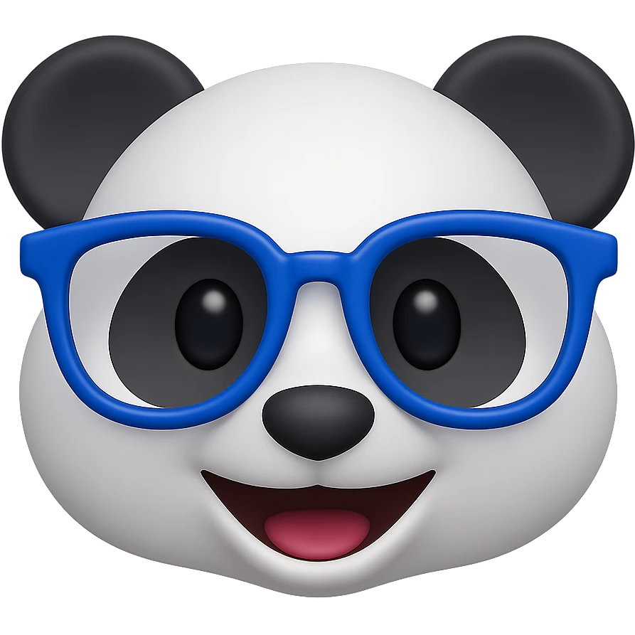 Create a 3D emoji of a panda face inspired by the classic panda emoji style, wearing stylish designer glasses in IK blue. The look should be playful and modern with a smooth 3D finish. Remove the background. emoji
