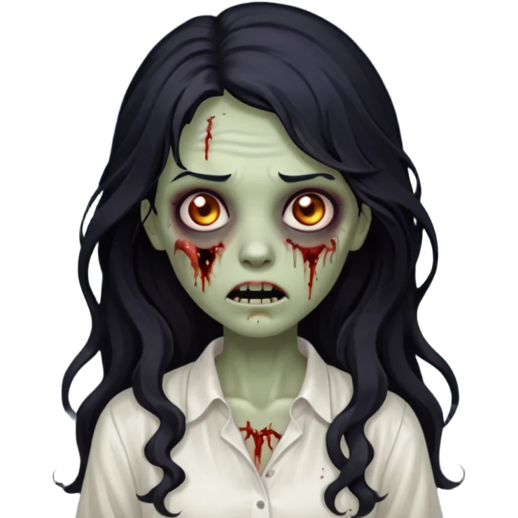 garota zumbi com cabelo preto ondulado longo blusa branca emoji