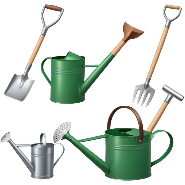 gardening tools collection with shovel rake watering can emoji