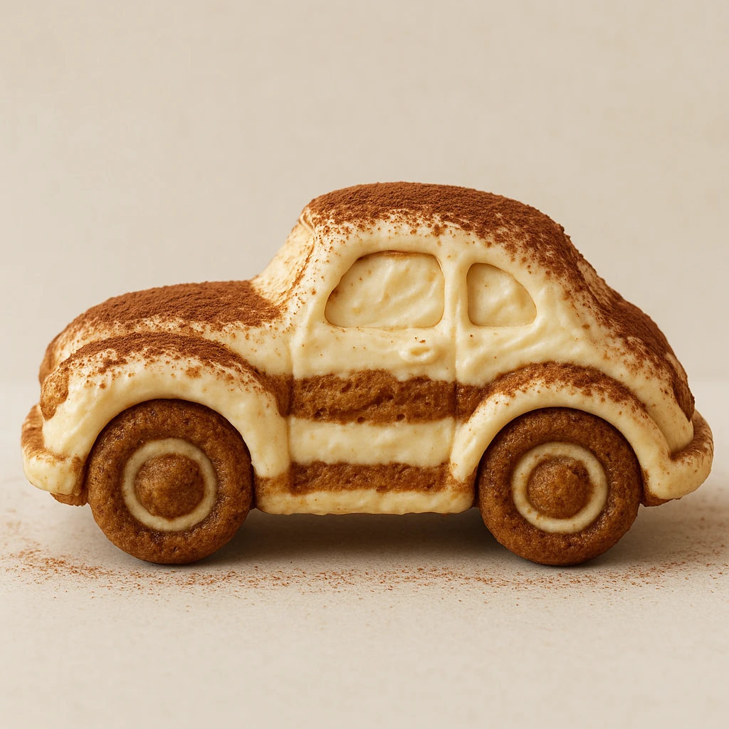 side view, adorable car made entirely of tiramisu, with a dusting of cocoa and creamy texture, dessert-inspired emoji