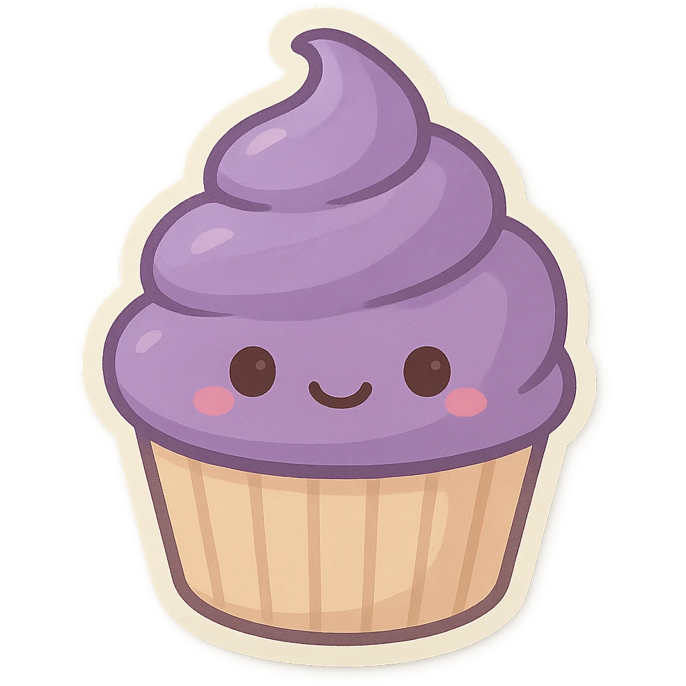 purple cupcake with a smiling face, chibi style sticker emoji