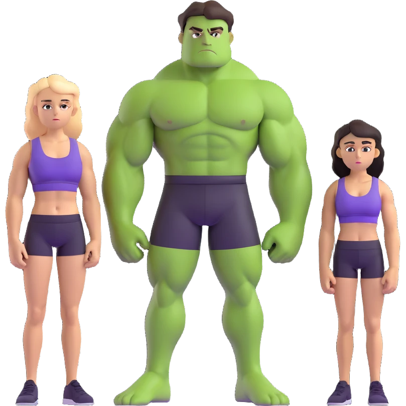 muscular green man and woman standing side by side, both with serious expressions, man in purple tank top, woman in black sports bra, dramatic lighting, hulk couple emoji