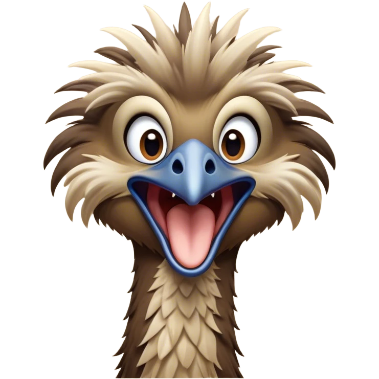 Cinematic Cute Yawning Emu Portrait Emoji, Head tilted slightly with a dramatic, wide-open yawn, showcasing a soft, downy brown plumage with gently drooping feathers and eyes barely open in drowsy contentment, Simplified yet irresistibly adorable features, highly detailed, glowing with a soft, cozy glow, high shine, relaxed yet expressive, stylized with a touch of outback charm, bright and endearing, soft glowing outline, capturing the essence of a sleepy yet affectionate emu, so drowsy it feels like it could stretch out of the screen and curl up for a nap! emoji