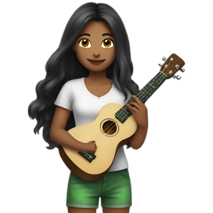 black-long-haired-fair-skin-girl-with-white-tshirt-and-green-colored-ukulele emoji