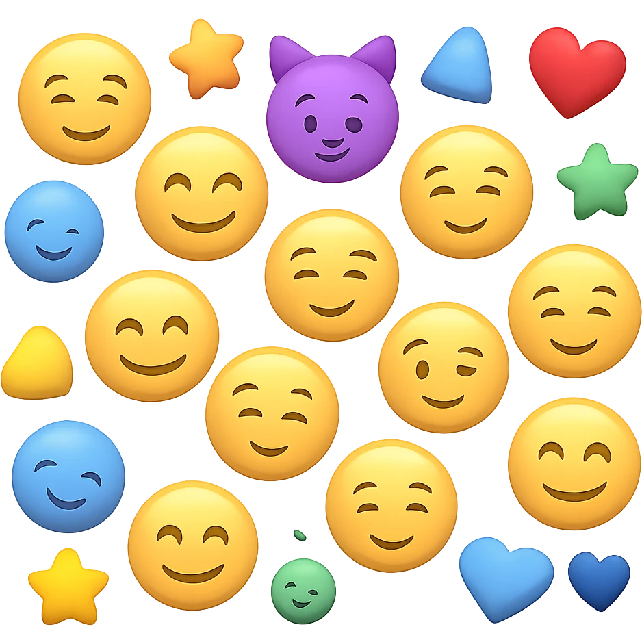 Create a cluster of 3 different 3D Apple style emojis inspired by the provided image. The emojis should not touch each other on the sides, with spaces between them, arranged freely and randomly scattered, without a background. emoji