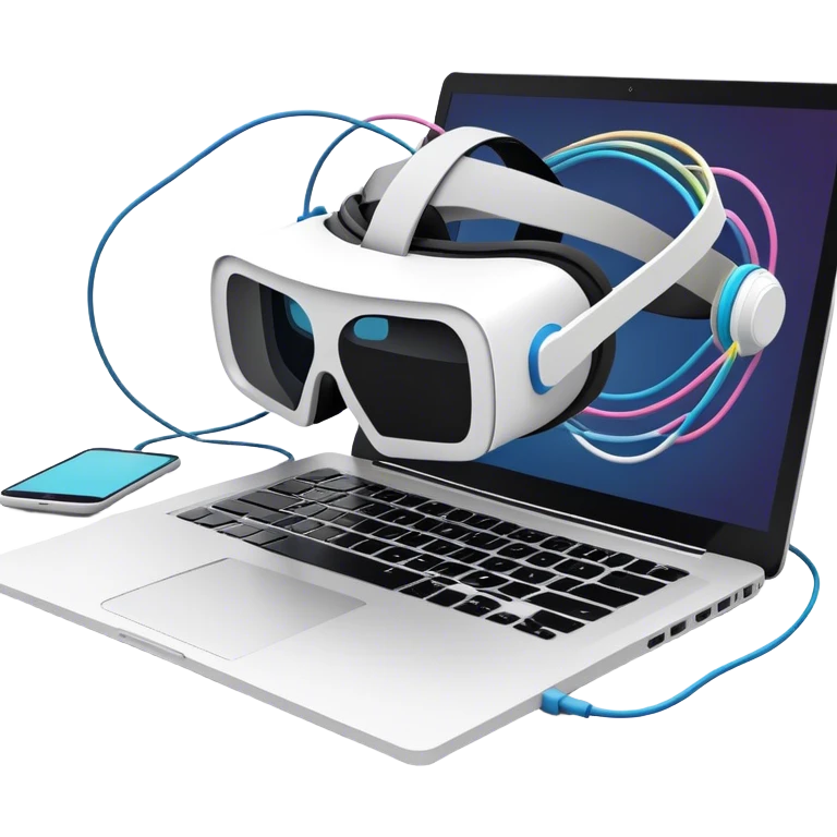 VR headset lying next to a laptop, connected by wires. On the laptop screen a VR/AR modeling program is opened. Floating 3D models or virtual objects. Modern, tech-inspired colors. No emojis or smiley faces. Transparent background. emoji