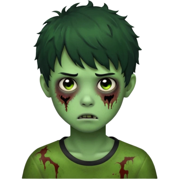 Boy, zombie, green skin, black, short and curly hair with bangs, round shaped hair, emo, ultra dark, bored expression with tired eyes  emoji