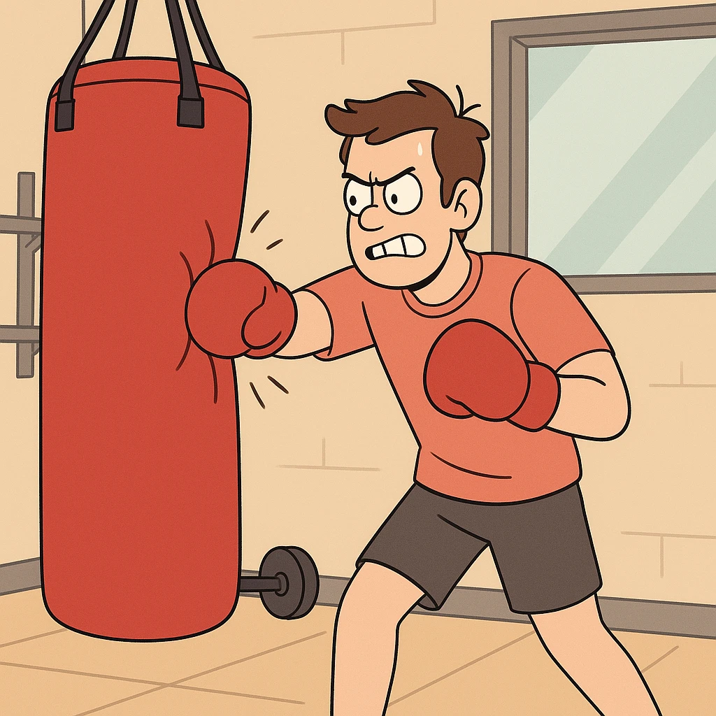 Hit a punching bag – to punch a padded bag for exercise or stress relief.
He went to the gym to hit a punching bag and blow off steam. Background Gym
 emoji