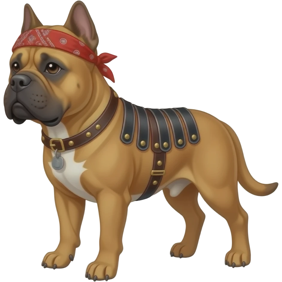 A cane Corso fawn color clipped ears, no  tail, triple muscle dressed like a Roman war dog standing in front of the Oakland Raiders stadium with 2 pac with his eye ironic red bandanna tide on his head, the hip-hop, rapper, iconic, dreadlocks, and bucket hatstanding in the background emoji