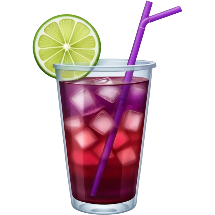 maroon purple cocktail with a lime in a plastic cup with lid and straw  emoji