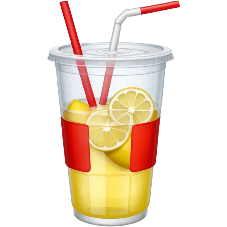 lemonade in a plastic cup without a lid and straw. the cup has a red label wrapped around emoji