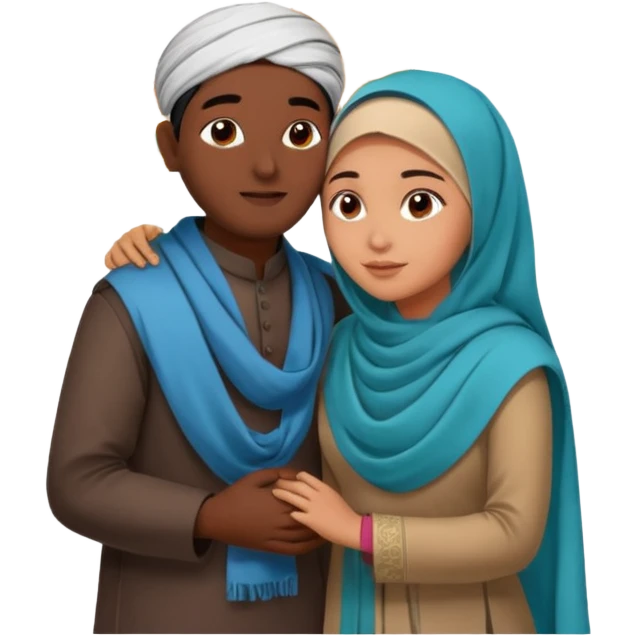 An emotional artistic illustration of an Indian man and an Afghan hijabi girl standing on the maps of India and Afghanistan, symbolically embracing each other  from in front side  despite the distance, showing love beyond borders. emoji