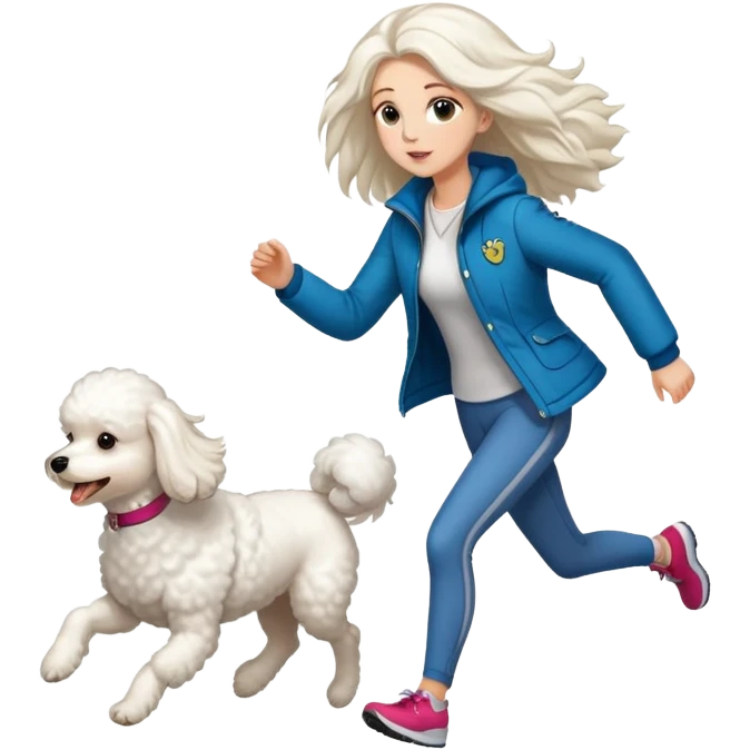 A beautiful tall girl with fair skin and long hair wearing a jacket and running with a Bichon Frise emoji