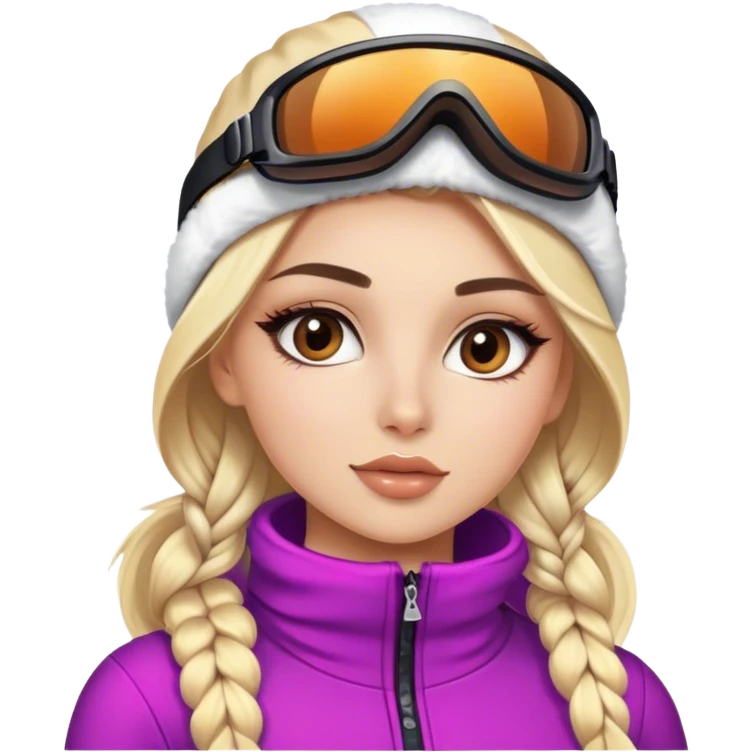 Blonde model with brown eyes, ski outfit, luxury makeup emoji