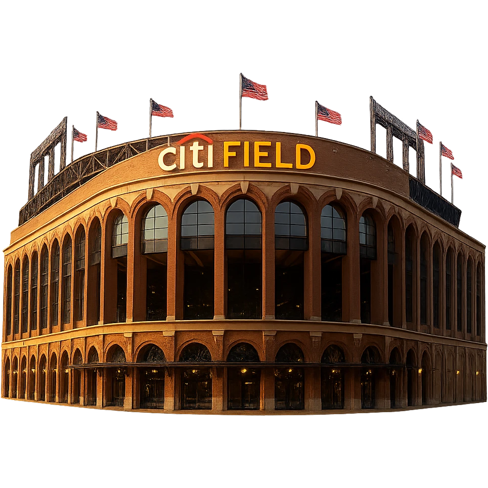 Create a cinematic, realistic emoji of the front facade of Citi Field Stadium in New York. The emoji should feature majestic, ornate architecture with lifelike detail, bright lighting, and the lights in its name sign lit. Use accurate colors and ensure the background is transparent. Reference the provided image for architectural accuracy and color. emoji