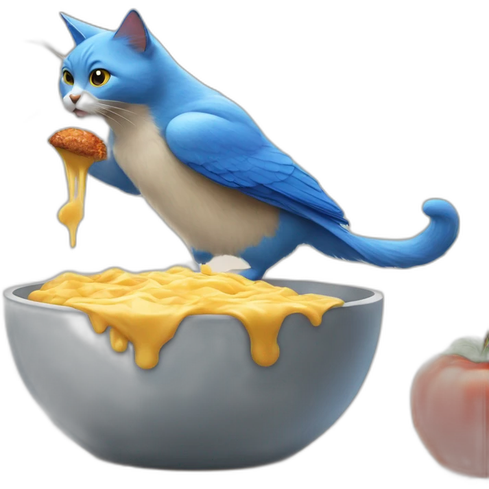 cat who is eating Tchoupi and is attacked by a blue bird emoji