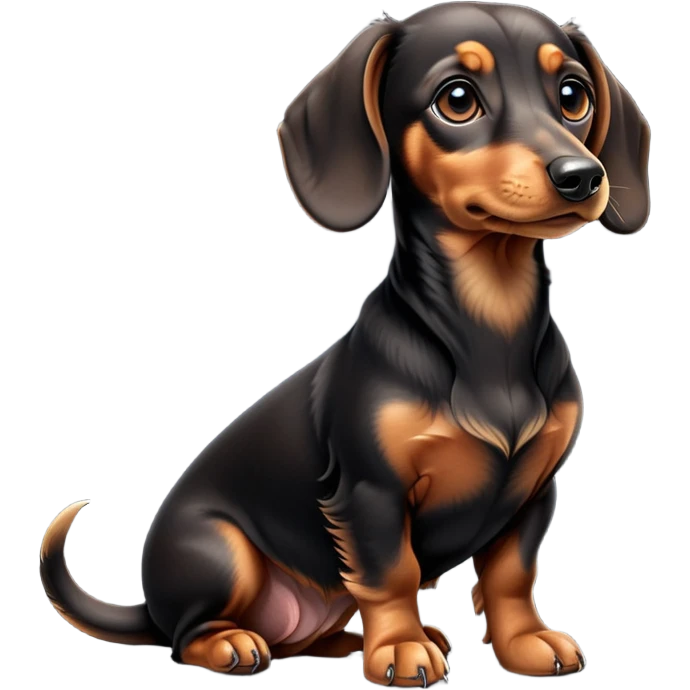 cinematic-[dachshund dog]-realistic-full-body-sitting-emoji,-tail-resting-loosely-beside-its-paws,-head-tilted-dramatically,-sleek-[black and tan]-fur,-simplified-yet-realistic-focused-features,-highly-detailed,-glowing-with-an-almost-sarcastic-glow emoji