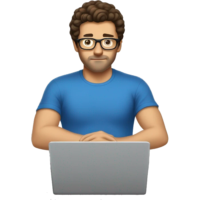 white guy dark brown hair brad pit style and square glasses typing in laptop wearing blue t-shirt no beard emoji