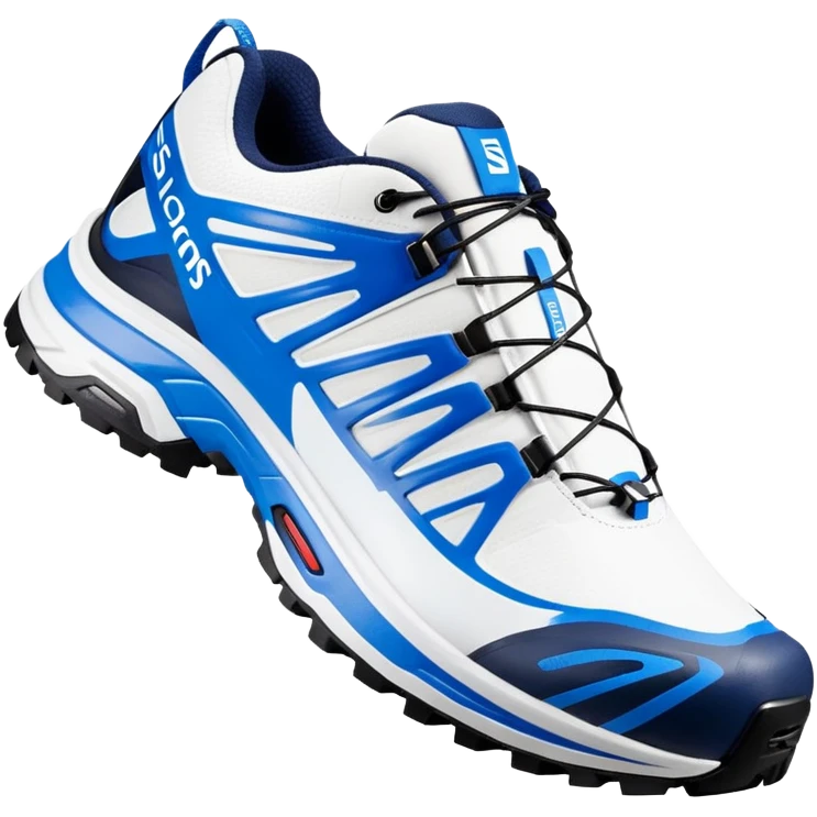 Minimalist white Salomon XT-6 with blue signature Salomon stripe across the middle, one positioned behind the other, iOS emoji style, completely white except for the distinctive colored middle stripe emoji