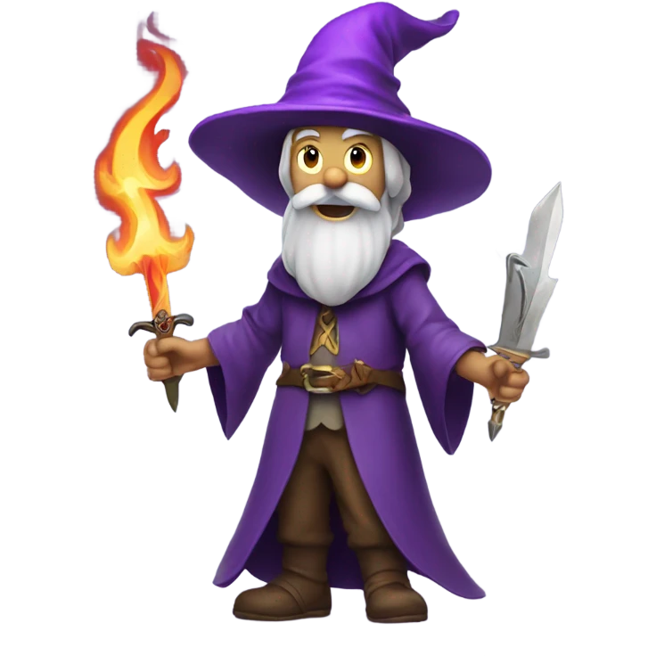 Wizard with a purple hat and a flaming dagger emoji