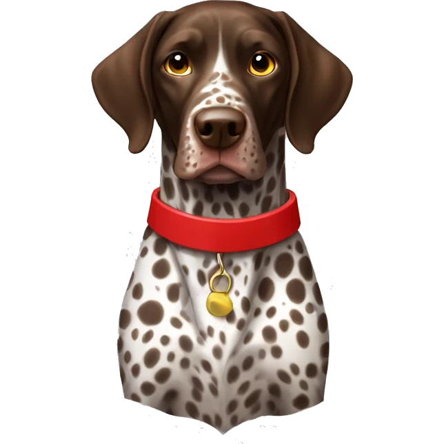 Brown spotted German short haired pointer  with ticking with red collar  emoji