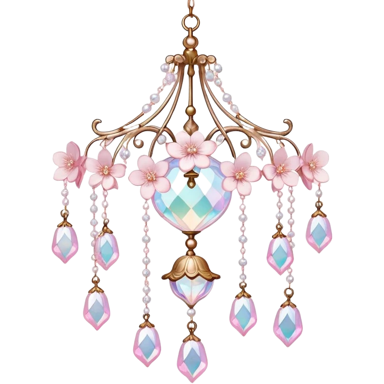 Hanging Iridescent pastel pink sakura crystals white-pearly suncatcher with a tiny bell chandelier emoji