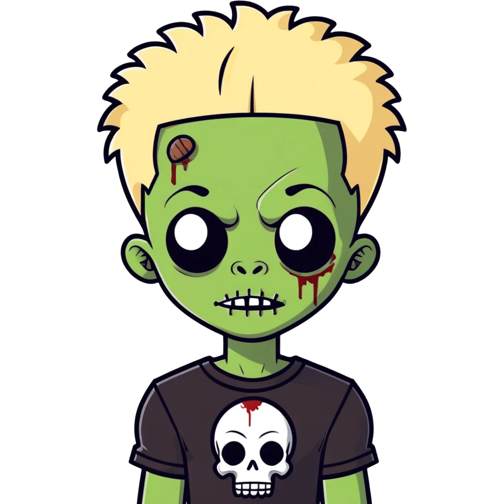 African American zombie boy with half blonde half black Afro hairstyle and black shirt emoji