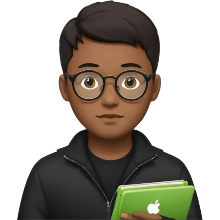 a asia man guy his 20s wearing an apple notebook, wearing bodyguard radio operator, round glasses, blackclothes emoji