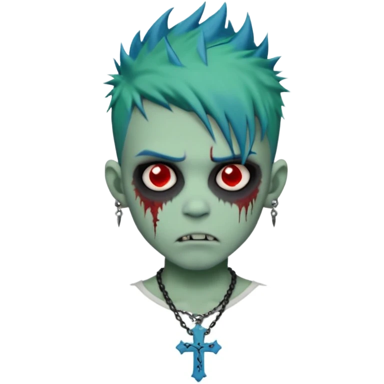 zombie boy with spiky emo blue hair and white shirt , tattos, a risk on the eyebrow, earings,  a necklace with a cross, green skin, shaggy, dark, spooky, creepy expression emoji  emoji
