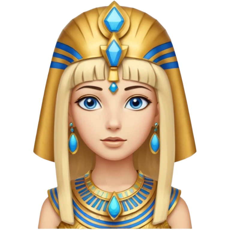 crea l'emoji di Cleopatra ma con i capelli biondi e gli occhi azzurri vestita da faraone con i gioielli egiziani e il cappello da faraone emoji