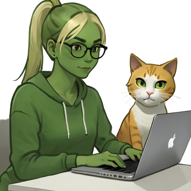 Blonde girl ponytail macBook and a cat emoji