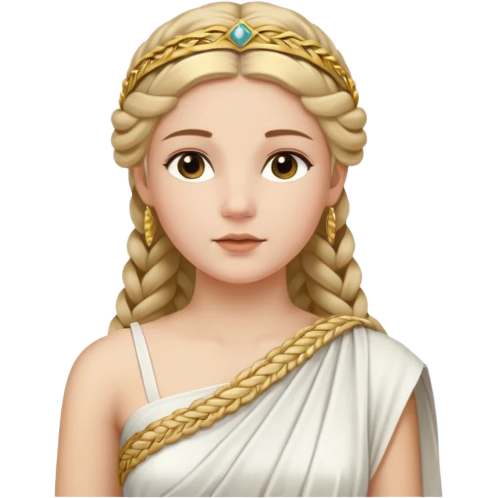 An emoji portrait of an ancient Roman princess. She wears a white stola dress with a gold-trimmed palla draped over her shoulders. She has an intricate braided hairstyle adorned with a delicate gold diadem. Her expression is calm and dignified. emoji
