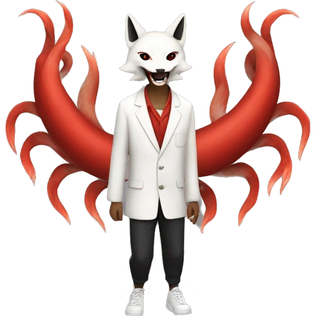Programmer with Japanese red, black, white kitsune mask walks 2 legs with nine tails emoji