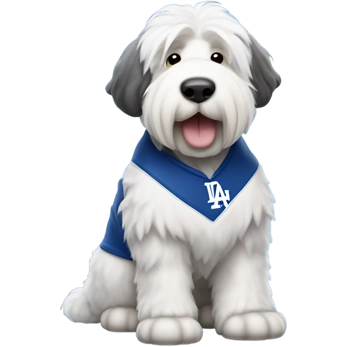 An old English sheepdog full-height wearing a Dodgers shirt emoji