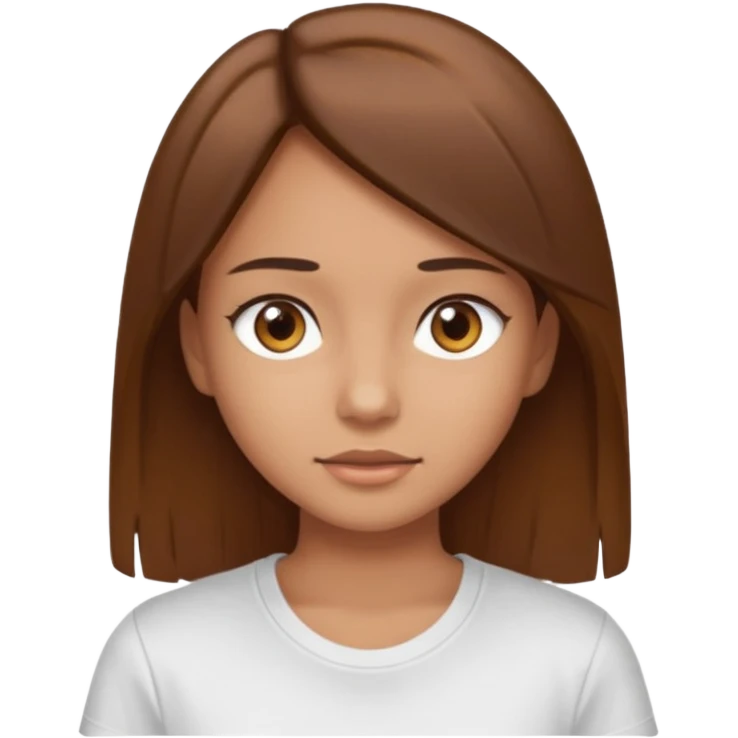 Chica de pelo liso y marrón con ojos color marrón claro y una camiseta blanca emoji