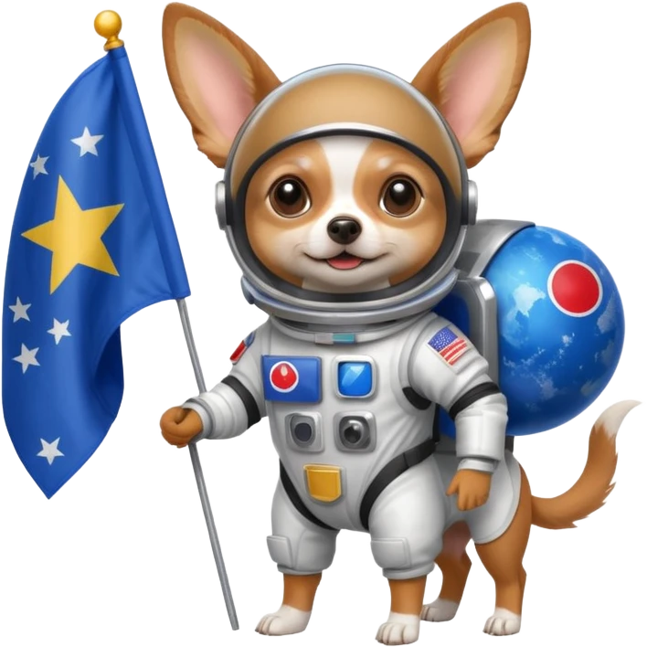 a chihuahua dog in space suit, holding blue rectangle flag, full body, front view emoji