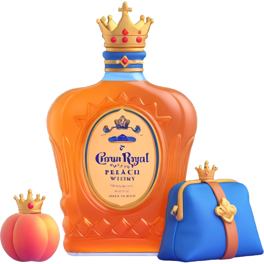 Crown Royal Peach whisky bottle with peach-colored bag and gold crown emoji