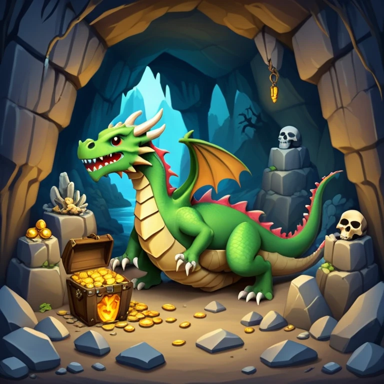 Dragon lair in a mountain cave with treasure piles and bones emoji