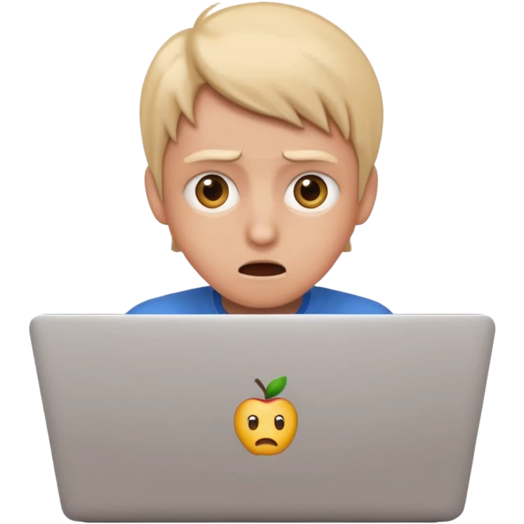 student with laptop, eyes wide, looking frantic, apple style emoji emoji